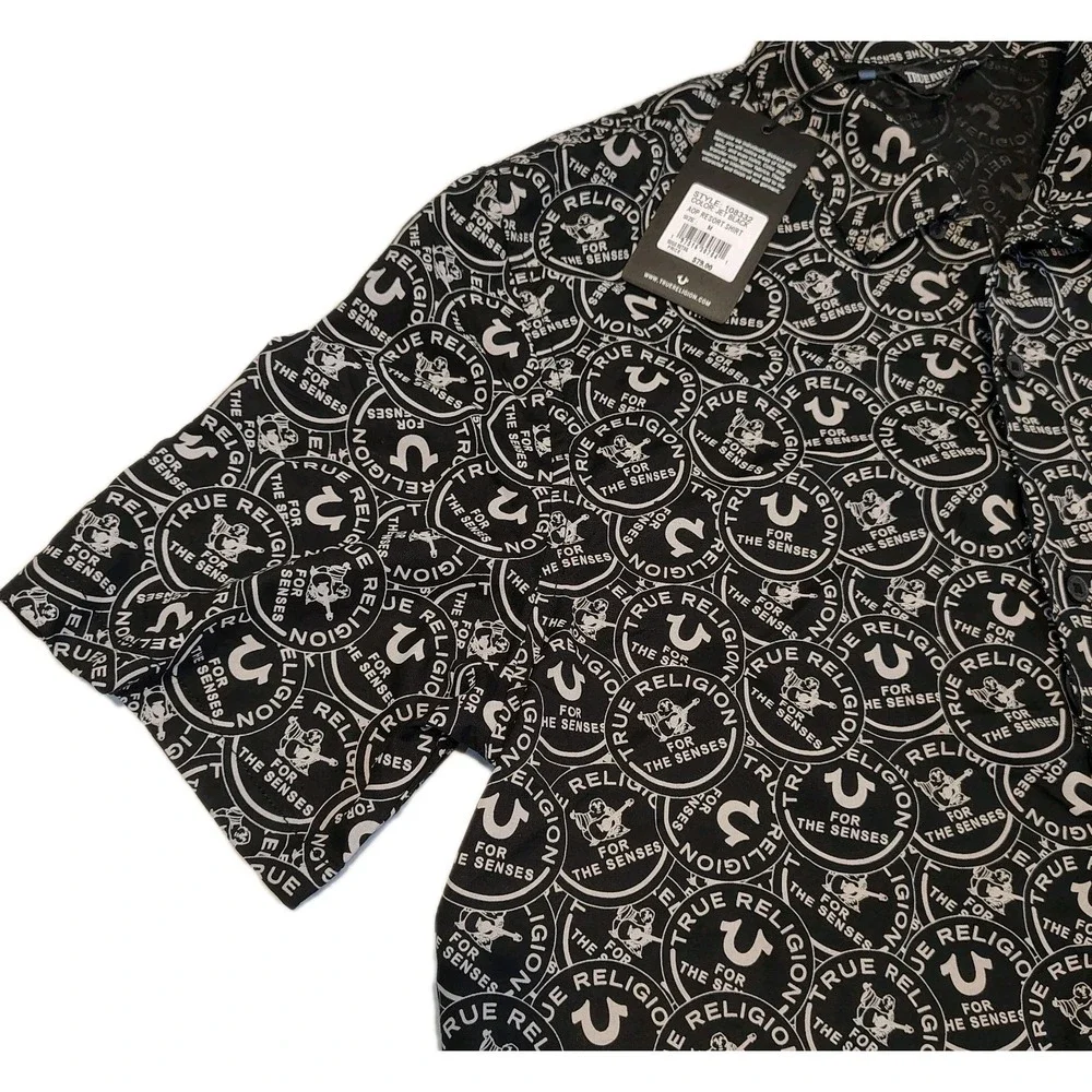 True Religion AOP Resort‎ Shirt Size M Jet Black All Over Logo NWT Mens A1